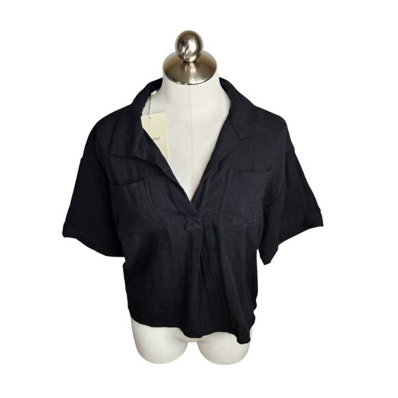 Bohme NWT Alyssa Top Womens Small Black Short Sleeve Textured Cotton‎ Pockets - Picture 1 of 10